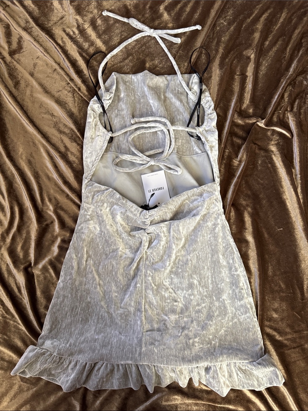 Forever 21 Silver Velvet Halter Mini Dress with Ruffle Hem